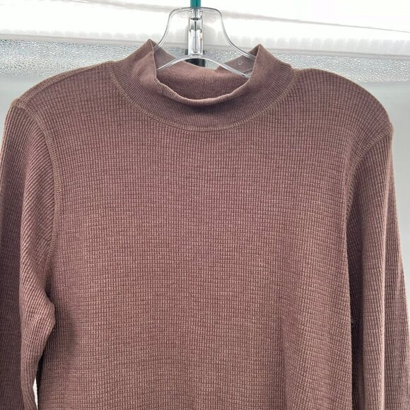 Mono B Women's Long Sleeve Mock Neck Ribbed Top Brown Size Large Vented Sides - Picture 2 of 8